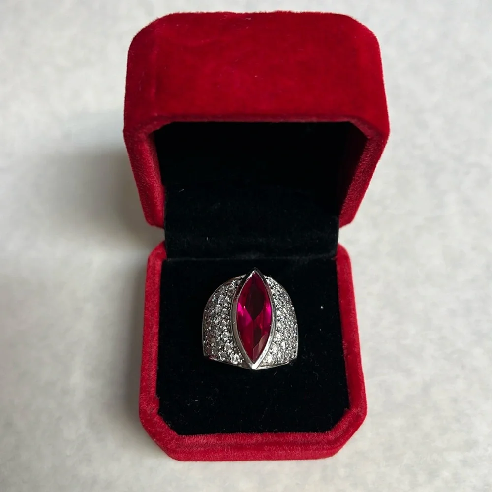 Silver Ring with Dark Pink Stone & Zirconia size 8
